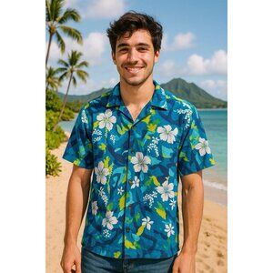 Vintage Men’s Hawaiian Button Down Shirt Blue Multicolored